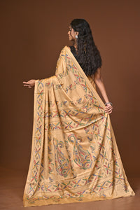 Blended Silk Kantha Stitch Saree Beige