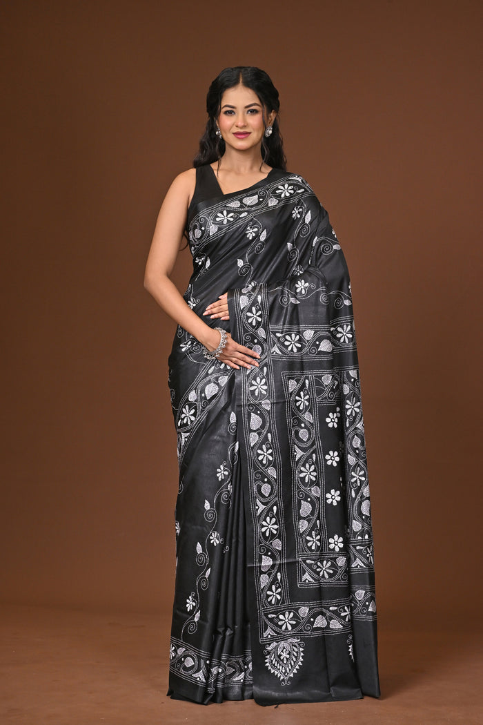 Blended Silk Kantha Stitch Saree