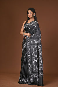 Blended Silk Kantha Stitch Saree Black