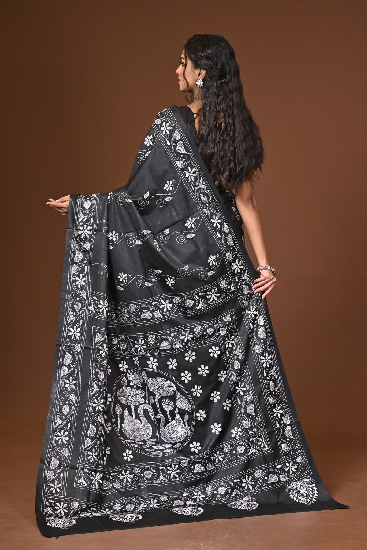 Blended Silk Kantha Stitch Saree Black
