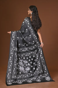 Blended Silk Kantha Stitch Saree Black