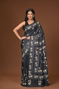 Blended Silk Kantha Stitch Saree Black
