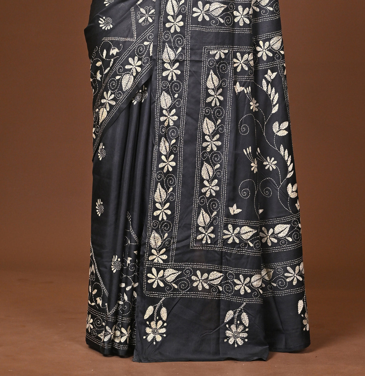 Blended Silk Kantha Stitch Saree Black