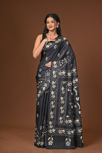 Blended Silk Kantha Stitch Saree Black