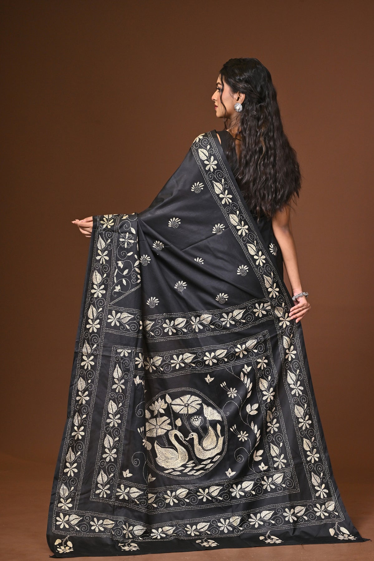 Blended Silk Kantha Stitch Saree Black