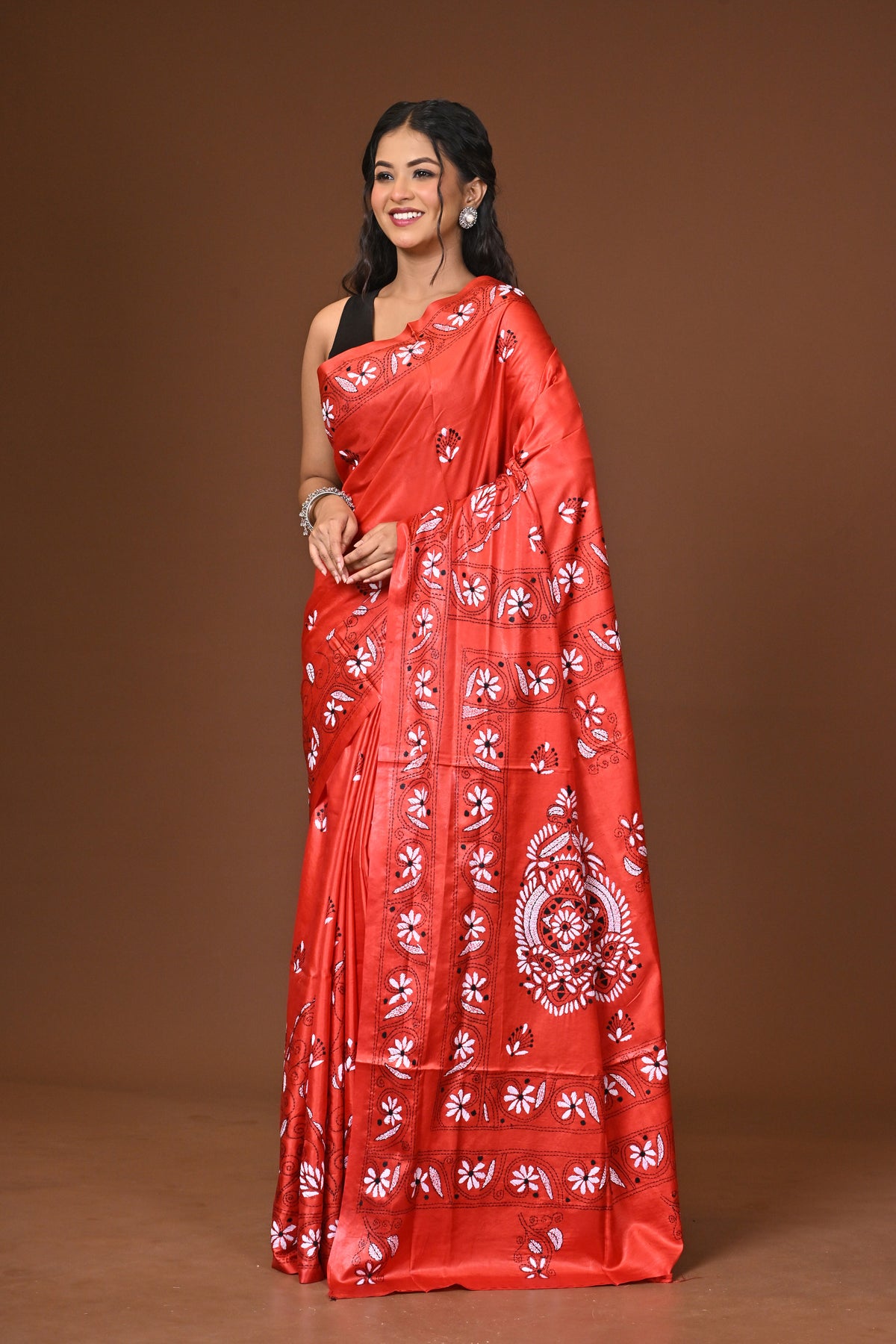 Blended Silk Kantha Stitch Saree Red