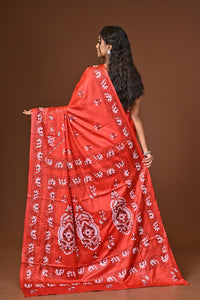 Blended Silk Kantha Stitch Saree Red