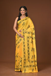 Blended Silk Kantha Stitch Saree Yellow