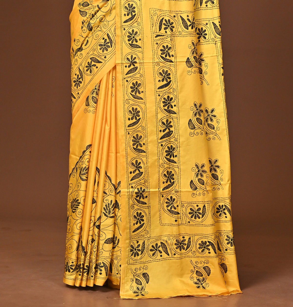 Blended Silk Kantha Stitch Saree Yellow