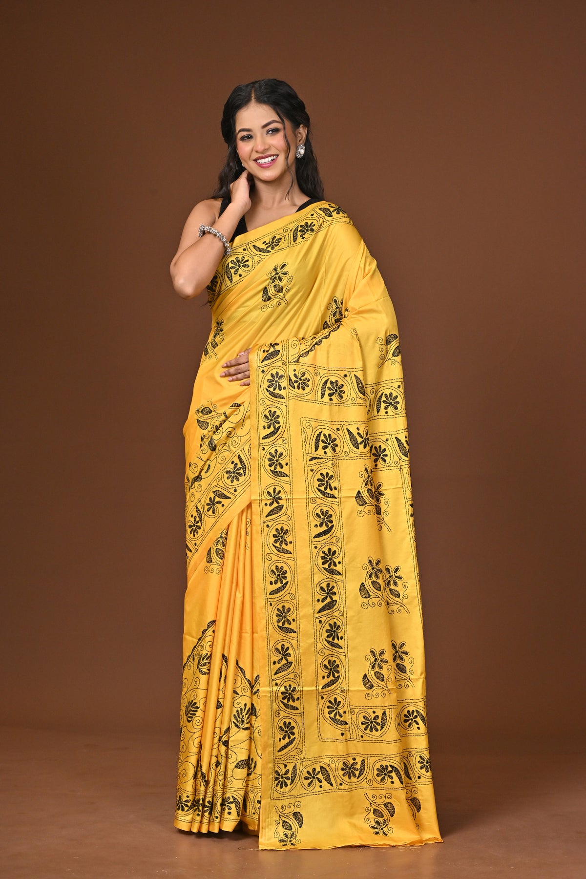 Blended Silk Kantha Stitch Saree Yellow