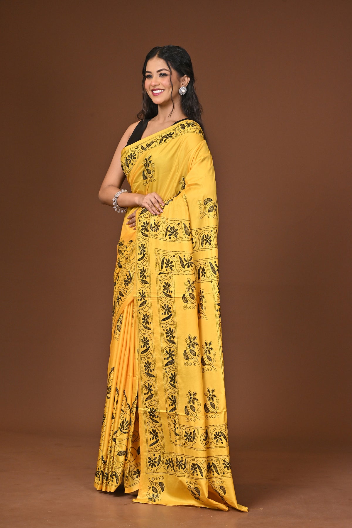 Blended Silk Kantha Stitch Saree Yellow