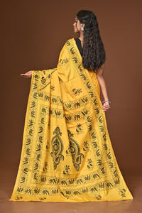 Blended Silk Kantha Stitch Saree Yellow