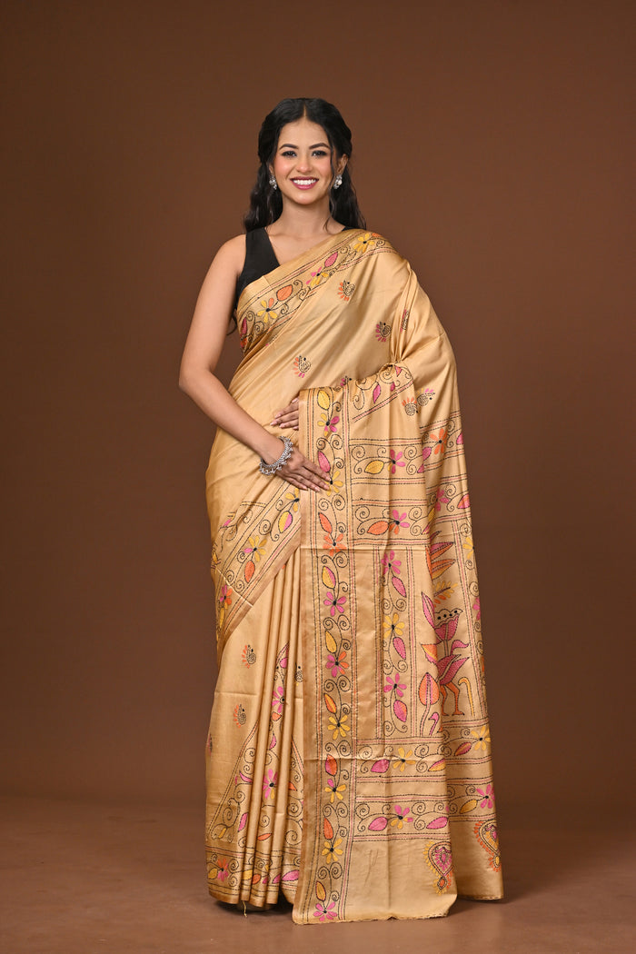 Blended Silk Kantha Stitch Saree