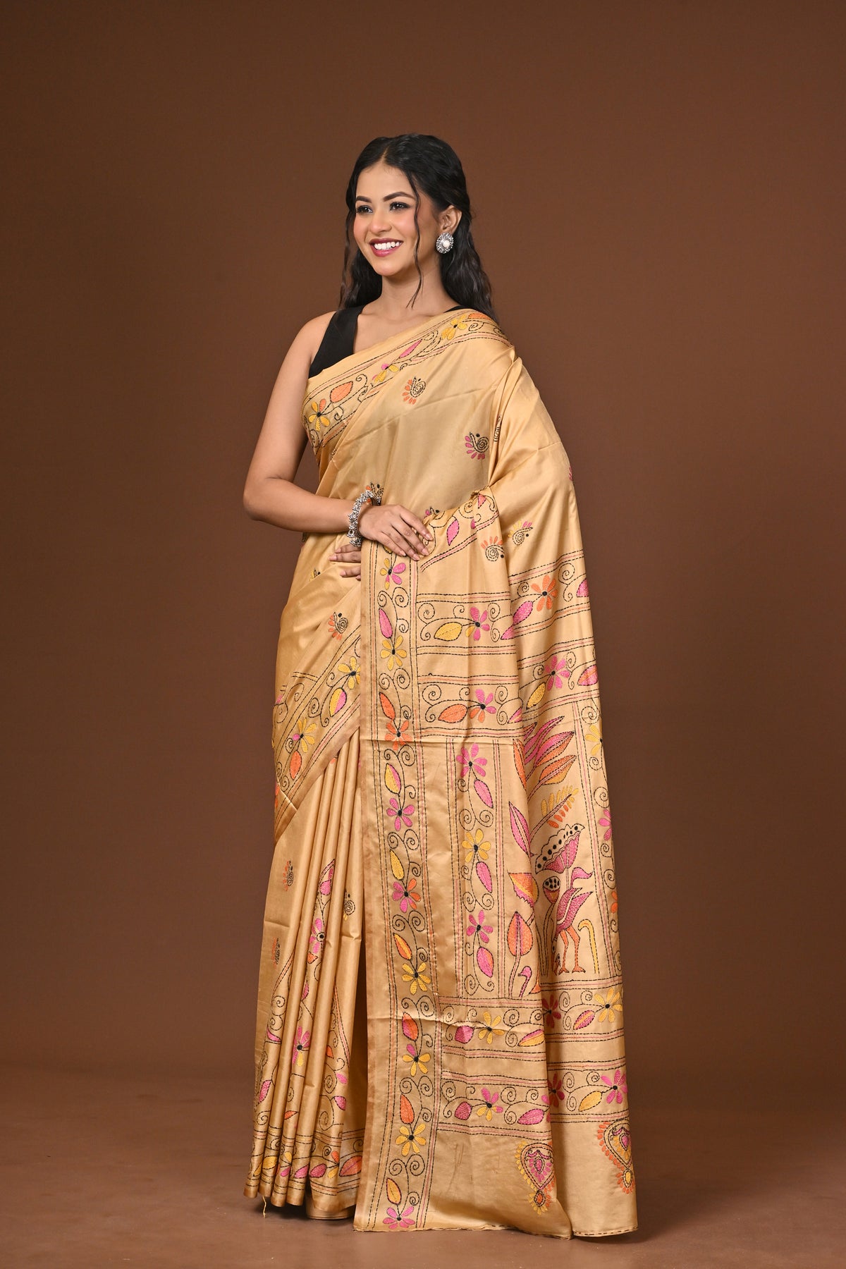Blended Silk Kantha Stitch Saree Beige