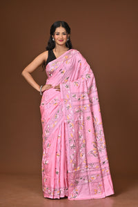 Blended Silk Kantha Stitch Saree Pink