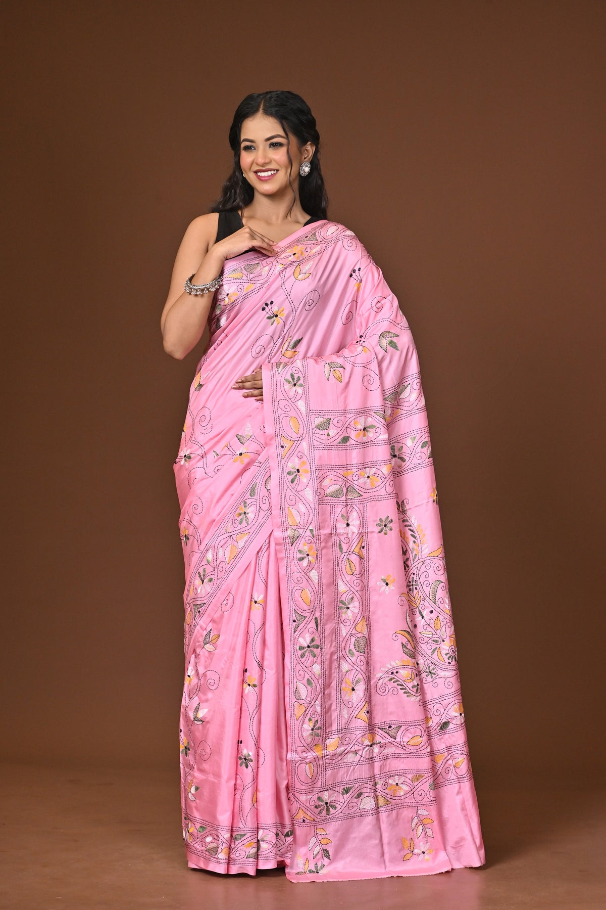 Blended Silk Kantha Stitch Saree Pink