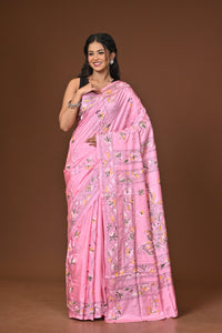 Blended Silk Kantha Stitch Saree Pink