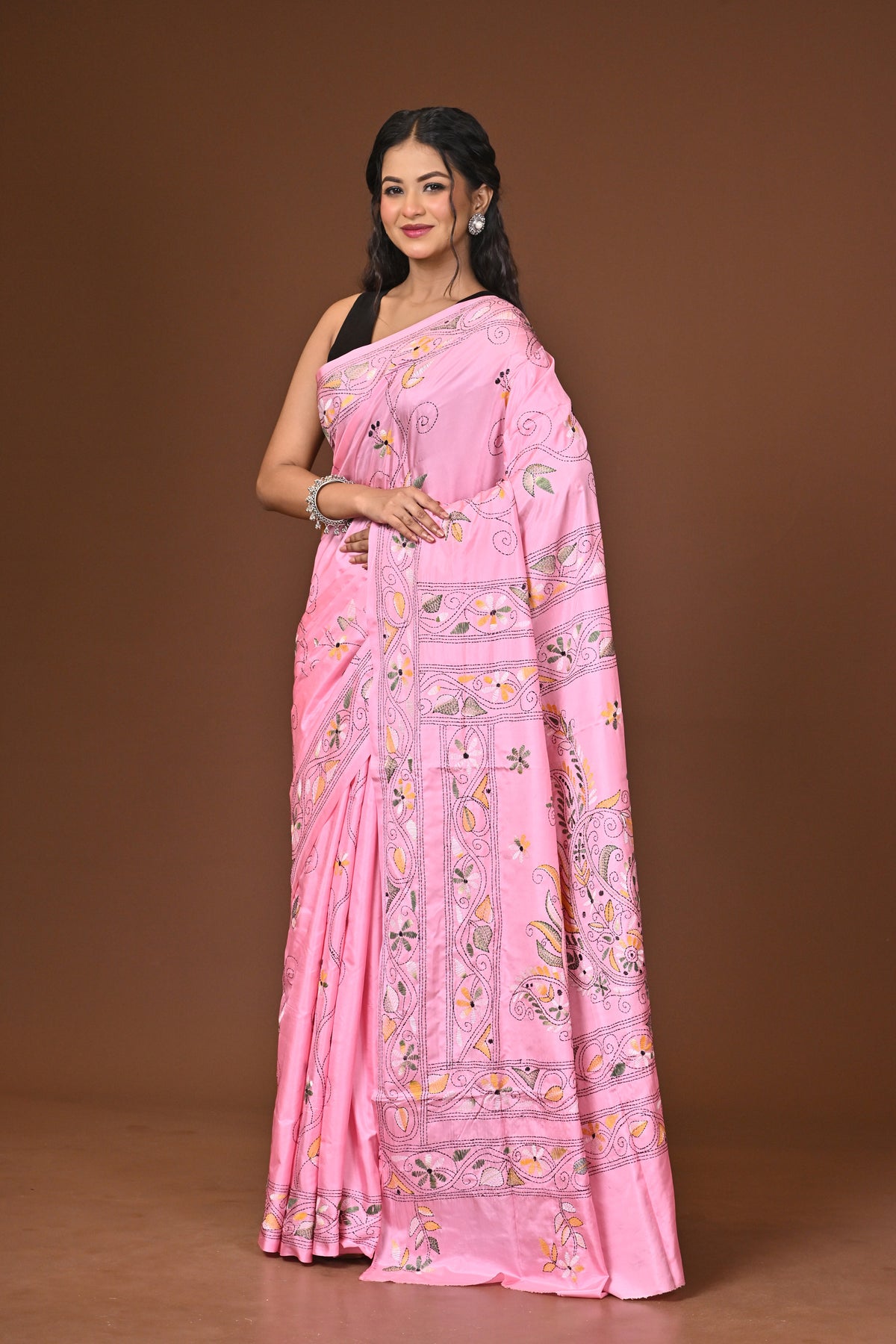 Blended Silk Kantha Stitch Saree Pink