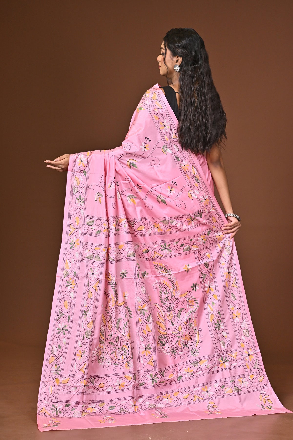 Blended Silk Kantha Stitch Saree Pink