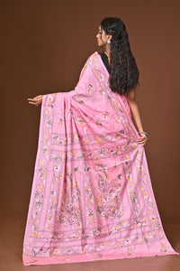 Blended Silk Kantha Stitch Saree Pink