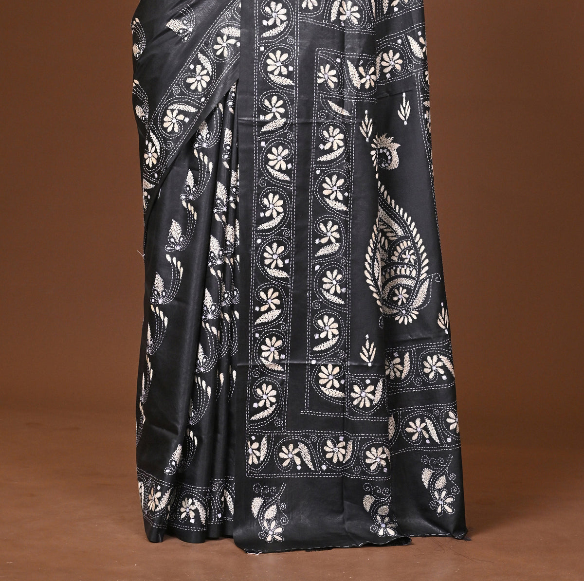 Blended Silk Kantha Stitch Saree Black
