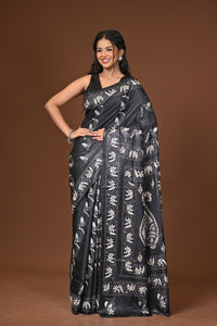 Blended Silk Kantha Stitch Saree Black
