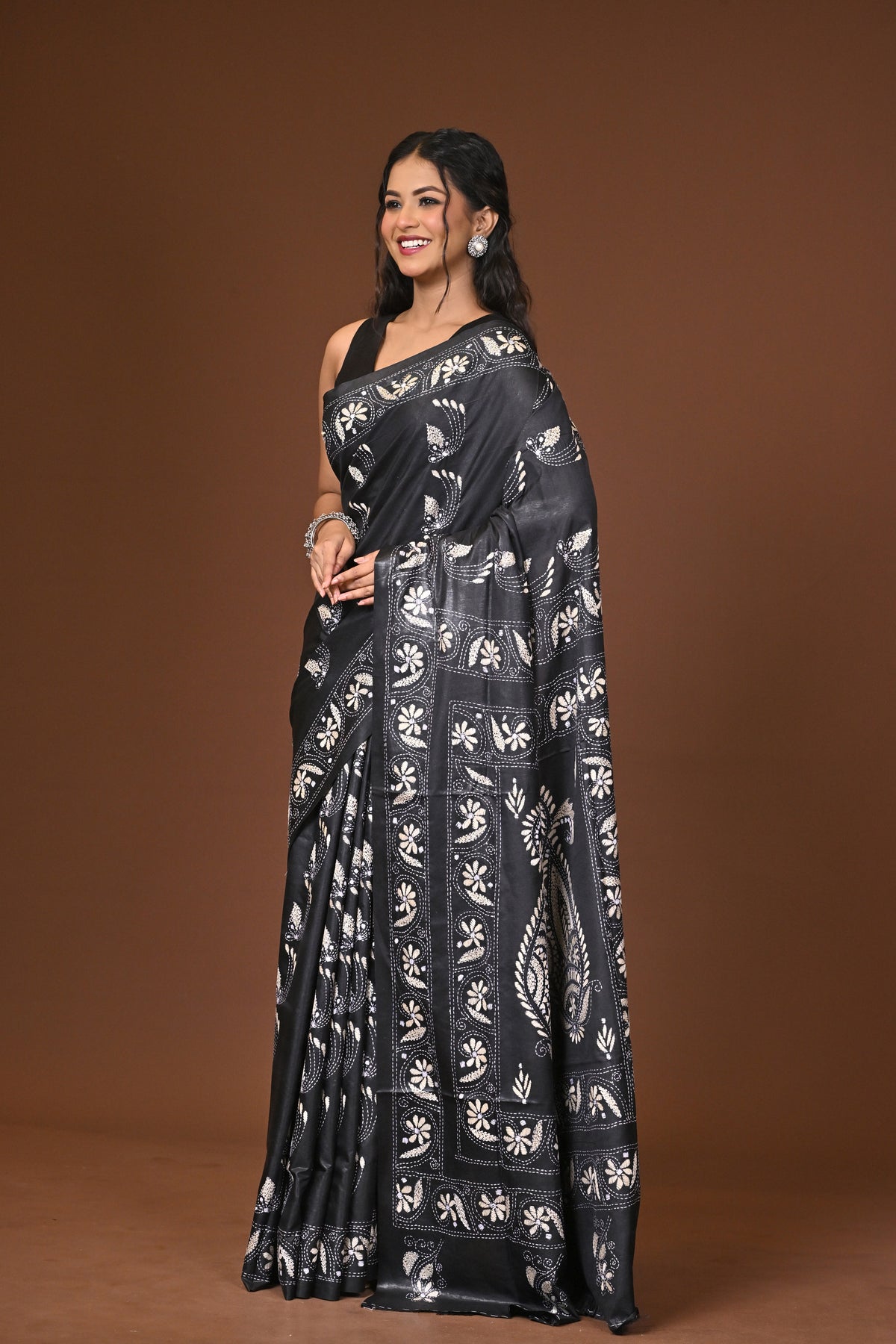 Blended Silk Kantha Stitch Saree Black