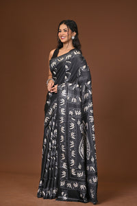 Blended Silk Kantha Stitch Saree Black