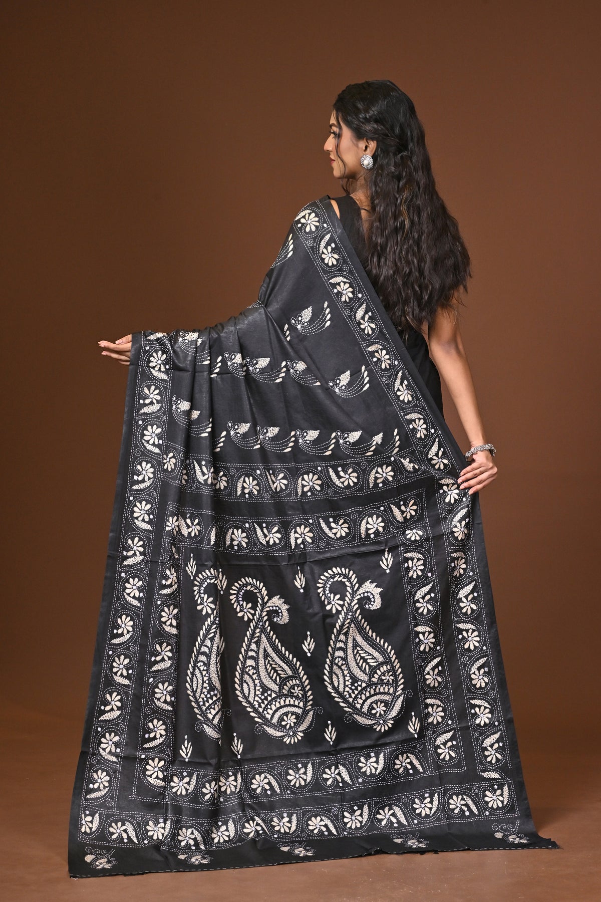 Blended Silk Kantha Stitch Saree Black