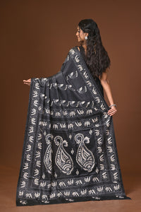 Blended Silk Kantha Stitch Saree Black