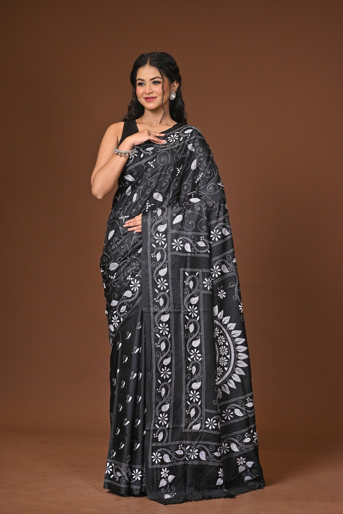 Blended Silk Kantha Stitch Saree Black
