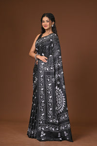 Blended Silk Kantha Stitch Saree Black