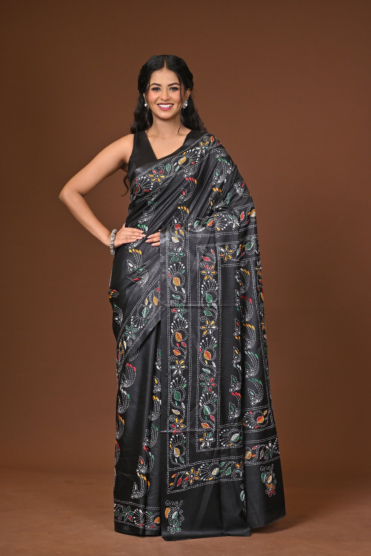 Blended Silk Kantha Stitch Saree Black