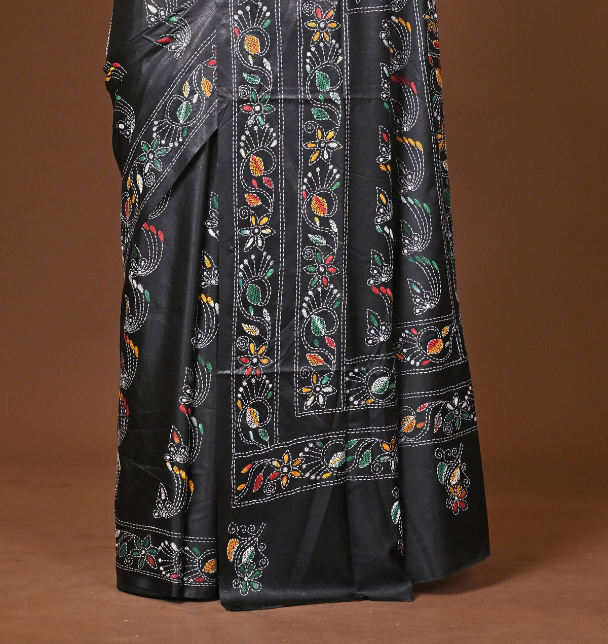 Blended Silk Kantha Stitch Saree Black