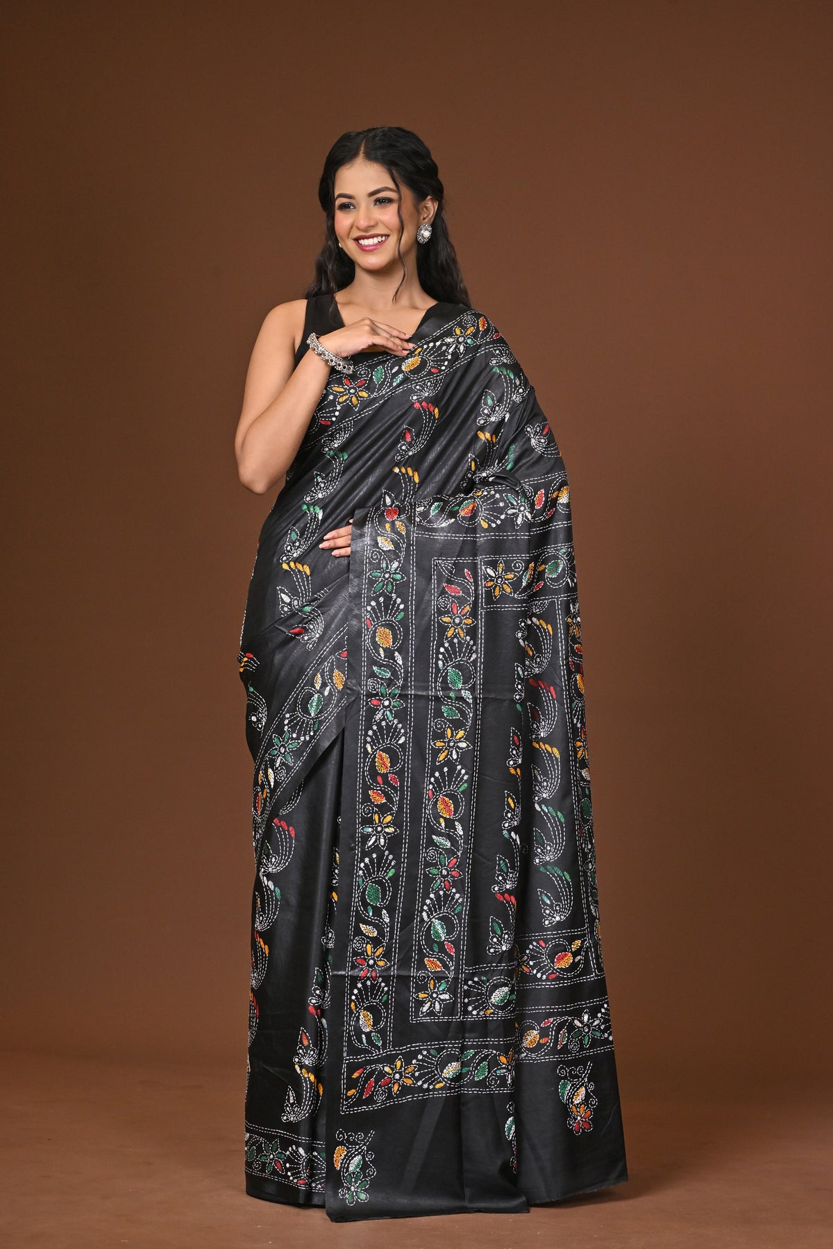 Blended Silk Kantha Stitch Saree Black