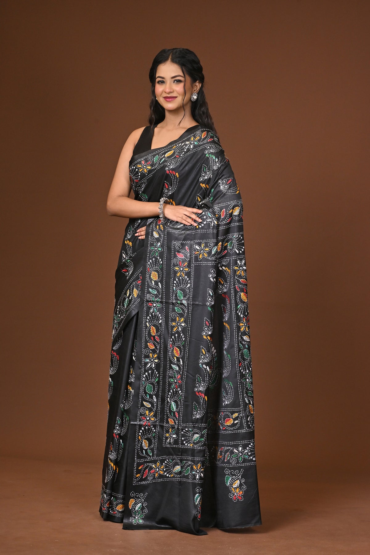 Blended Silk Kantha Stitch Saree Black
