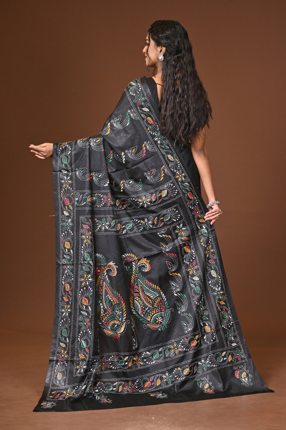 Blended Silk Kantha Stitch Saree Black