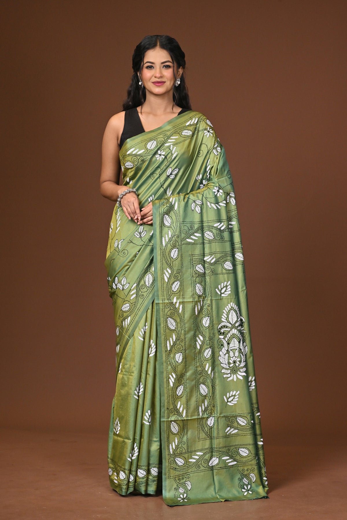 Blended Silk Kantha Stitch Saree Green