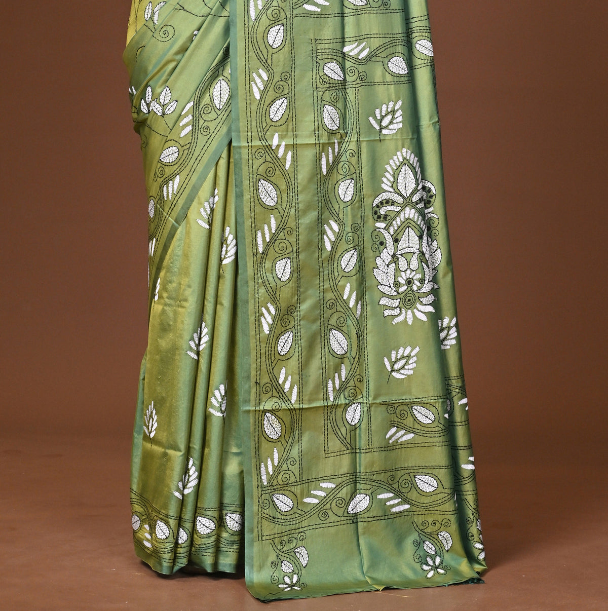 Blended Silk Kantha Stitch Saree Green