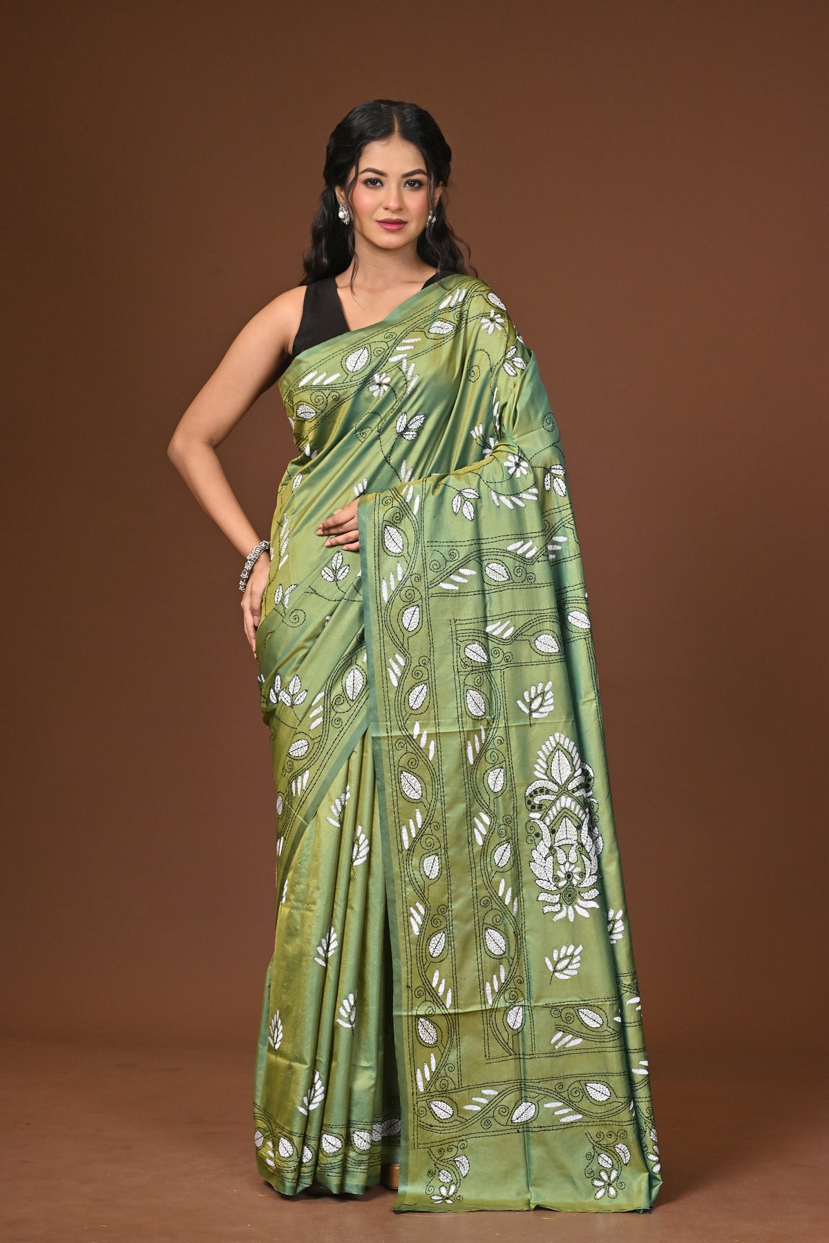 Blended Silk Kantha Stitch Saree Green