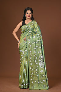 Blended Silk Kantha Stitch Saree Green