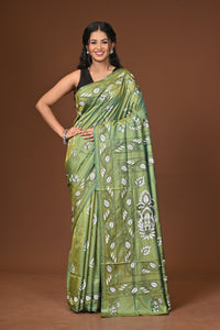 Blended Silk Kantha Stitch Saree Green