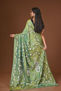 Blended Silk Kantha Stitch Saree Green