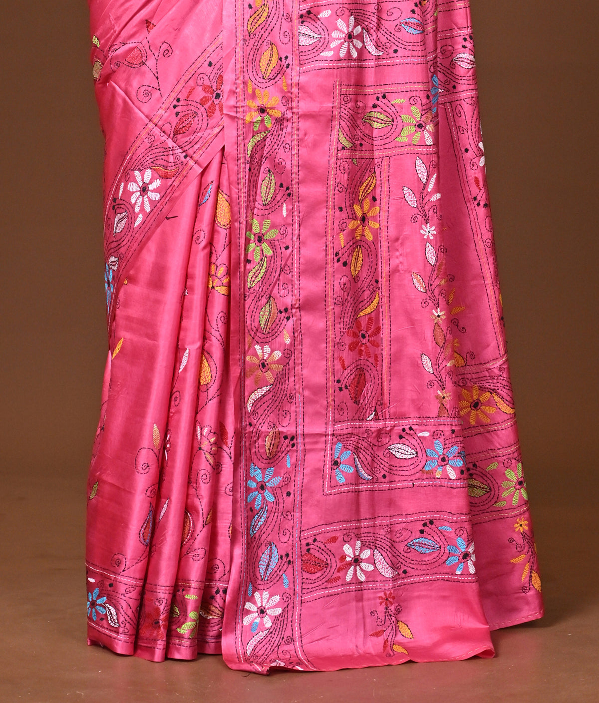 Blended Silk Kantha Stitch Saree Pink
