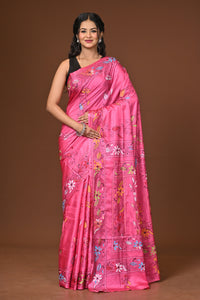 Blended Silk Kantha Stitch Saree Pink