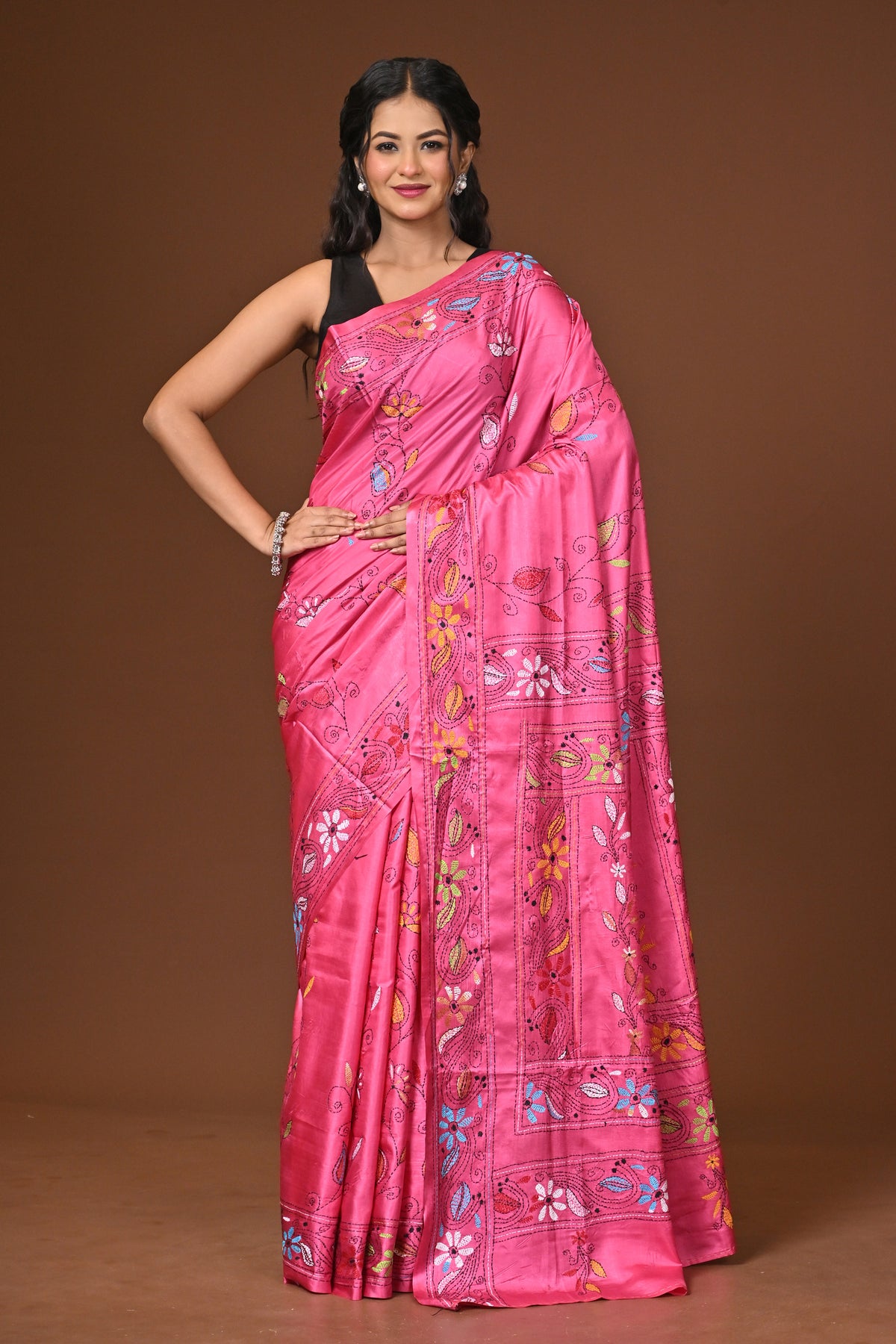 Blended Silk Kantha Stitch Saree Pink