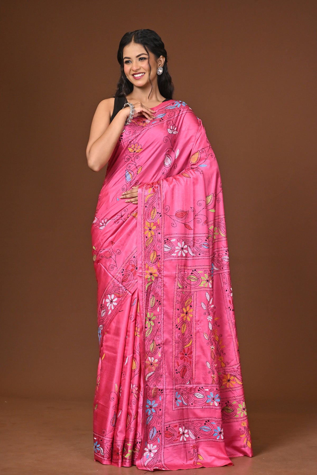Blended Silk Kantha Stitch Saree Pink