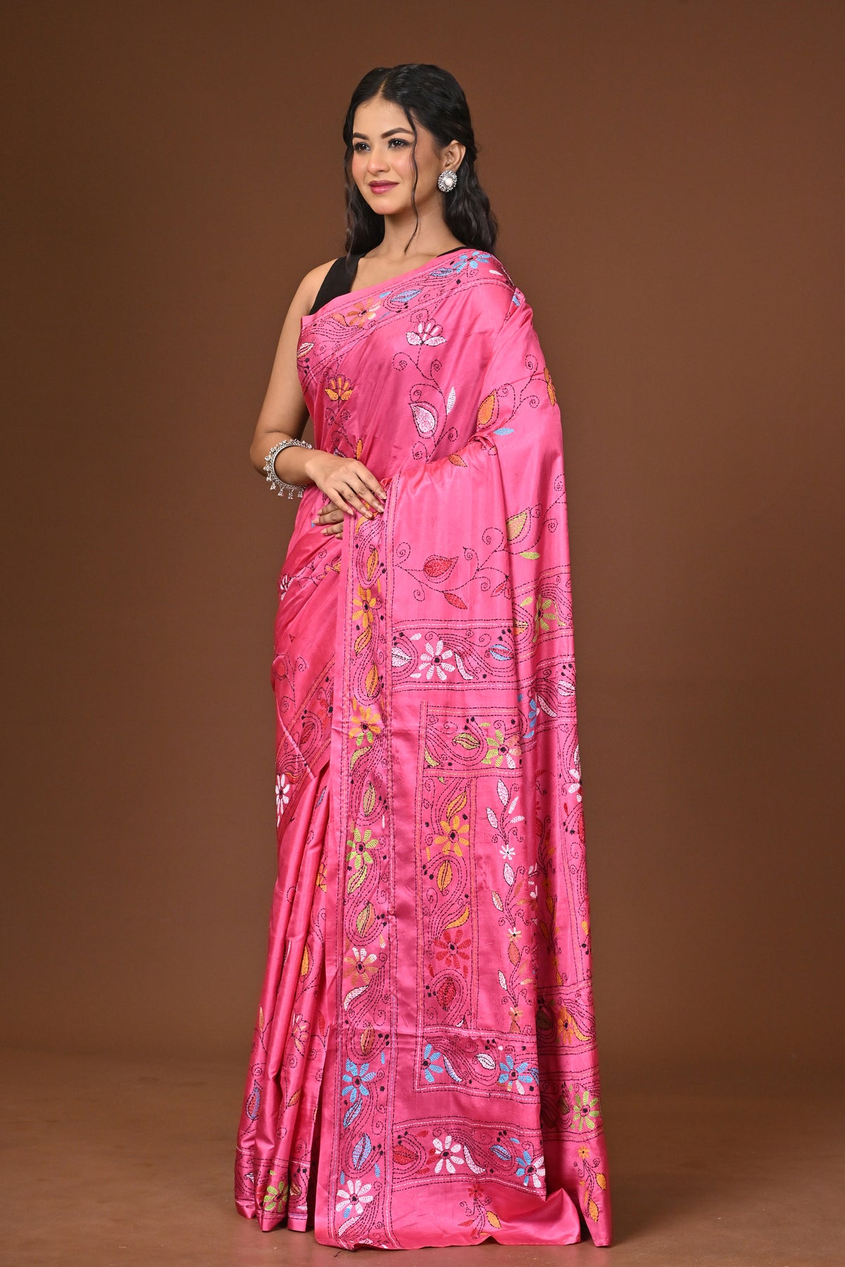 Blended Silk Kantha Stitch Saree Pink
