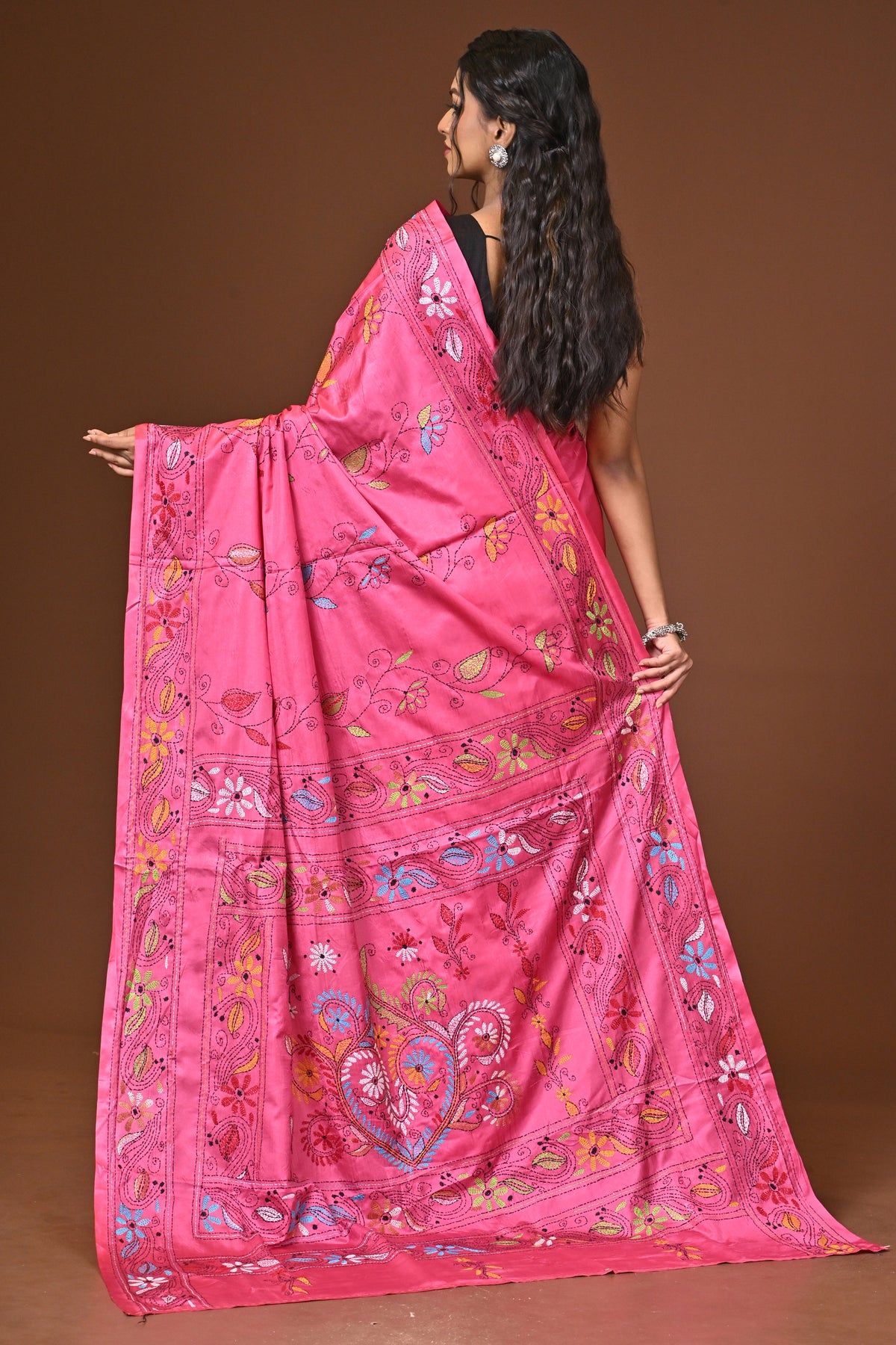 Blended Silk Kantha Stitch Saree Pink