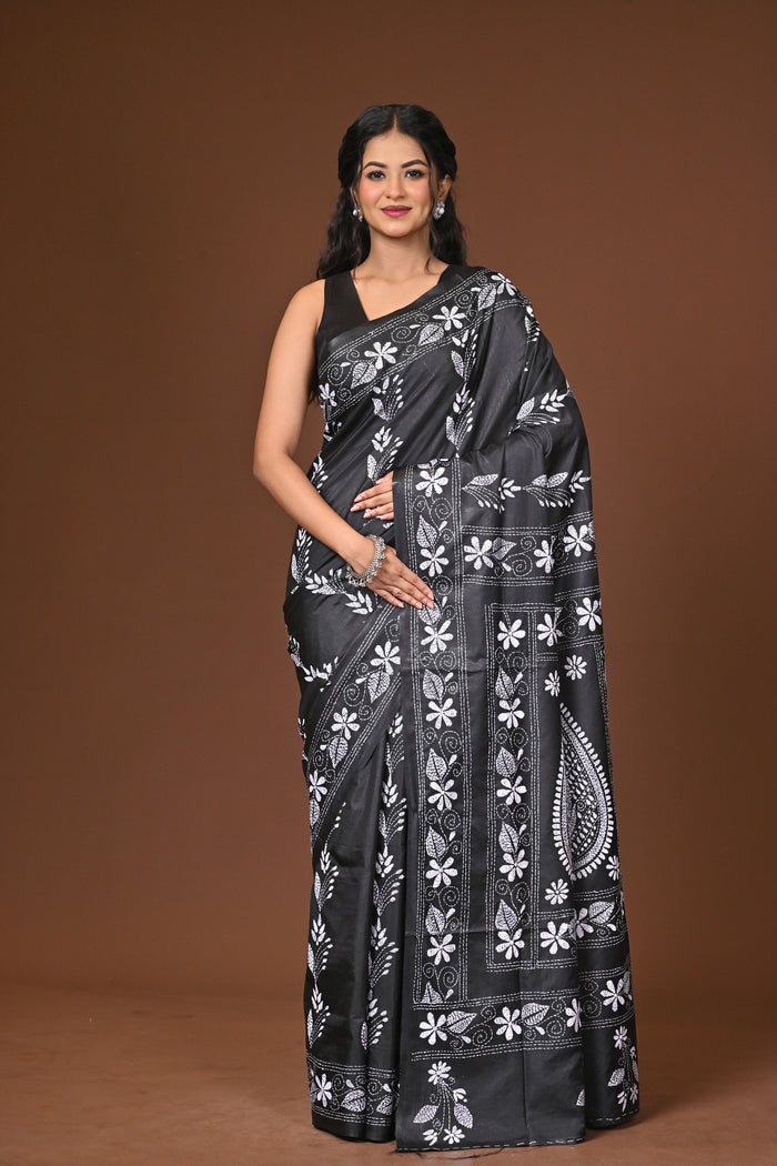Blended Silk Kantha Stitch Saree